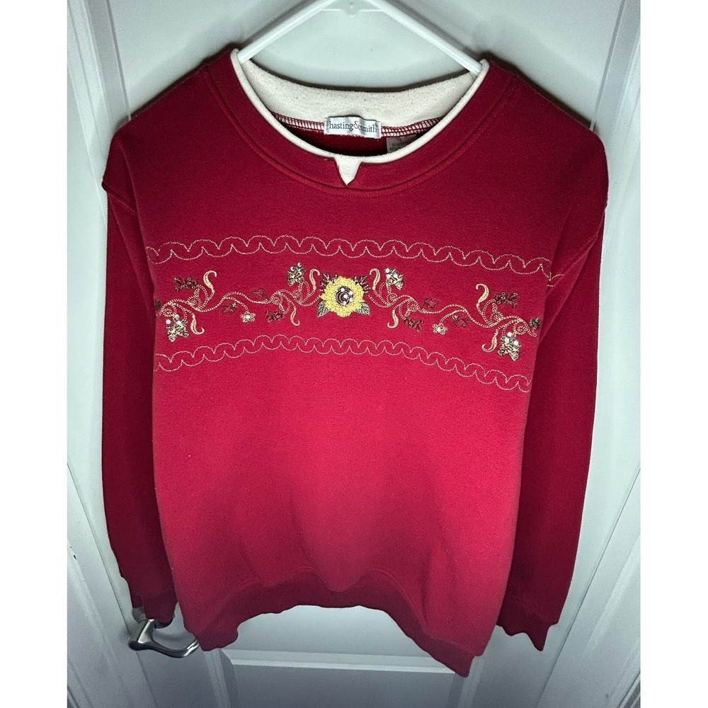 Vintage 90's Embroidered Sun Flower Red Pullover Granny Sweater Sz Womens Large